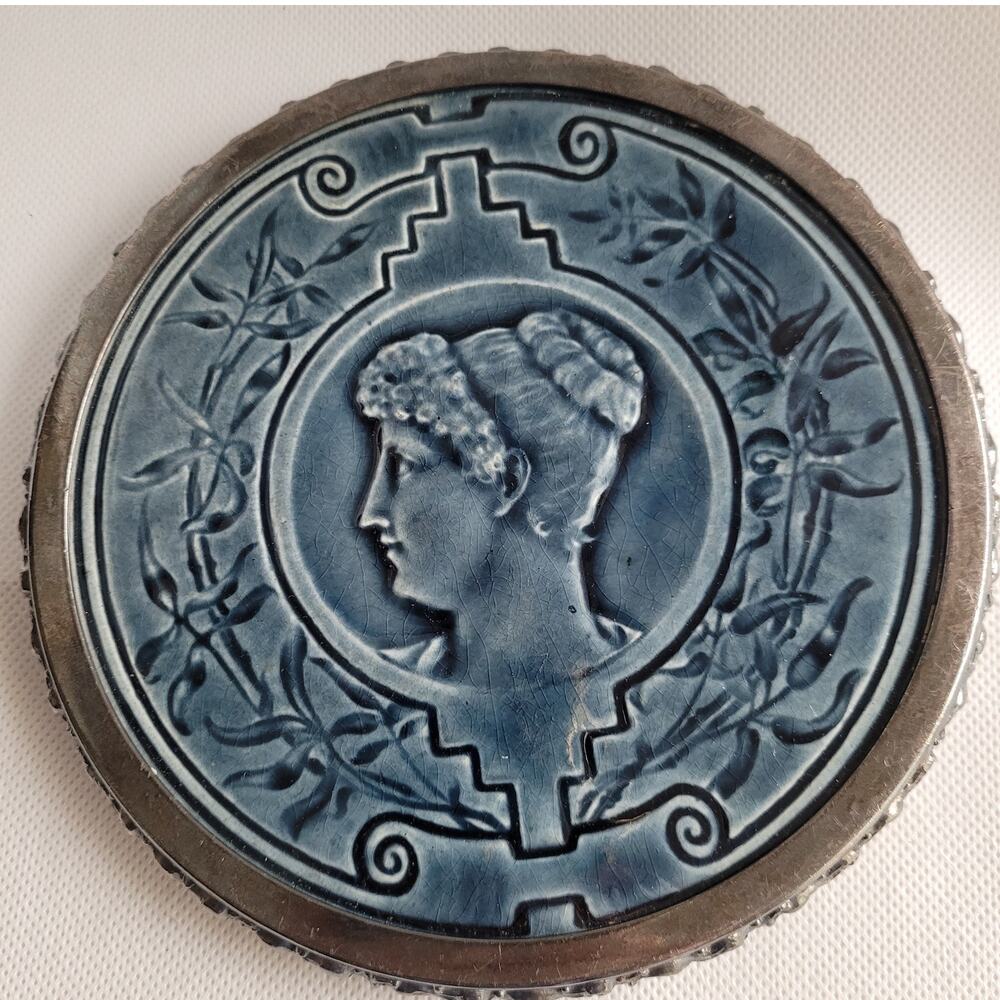 Rare Victorian J & JG Low Portrait Art Tile With Silver Repousse Rim